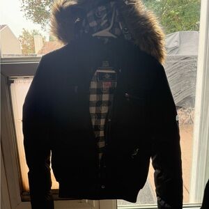 PINK Victoria's Secret Black Puffer Jacket with Faux Fur Trim